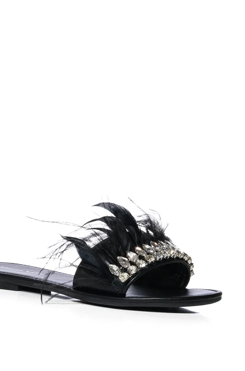 AZALEA WANG FEATHER FLAT SANDAL IN BLACK
