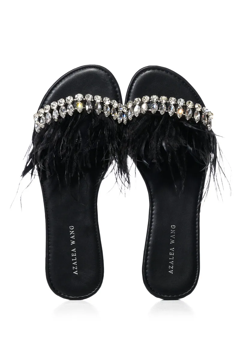 AZALEA WANG FEATHER FLAT SANDAL IN BLACK