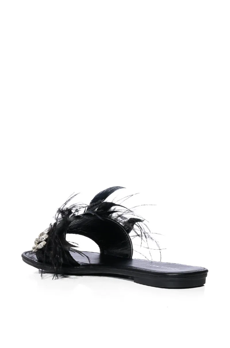 AZALEA WANG FEATHER FLAT SANDAL IN BLACK