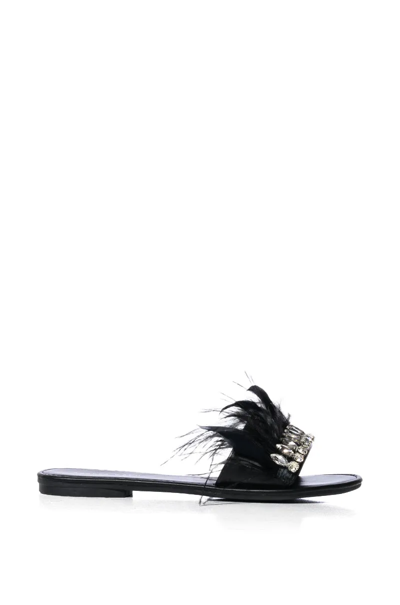AZALEA WANG FEATHER FLAT SANDAL IN BLACK