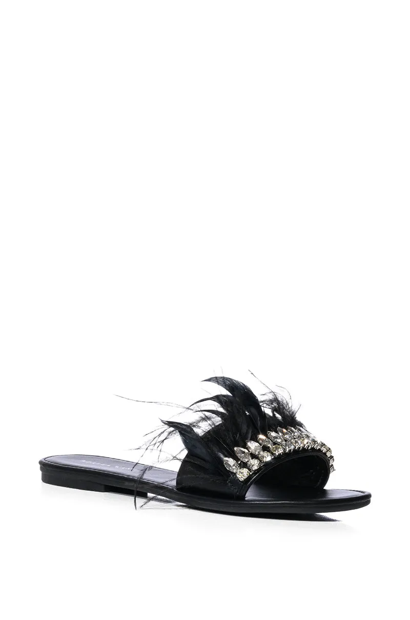 AZALEA WANG FEATHER FLAT SANDAL IN BLACK