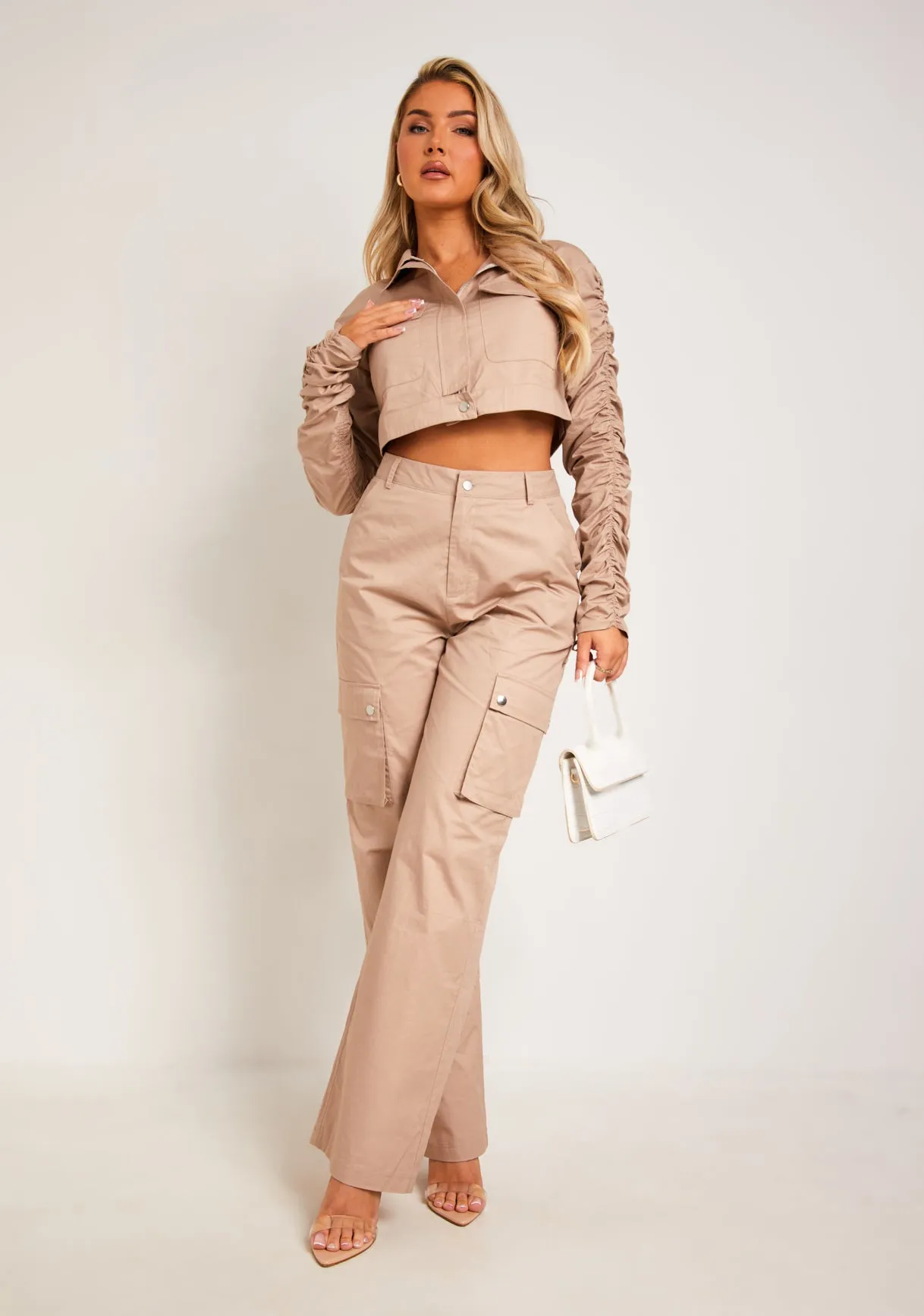Chelsie Beige Straight Leg Cargo Trousers