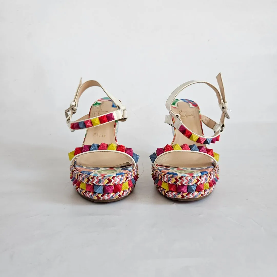 Christian Louboutin Printed Patent Wedge Sandals, 40