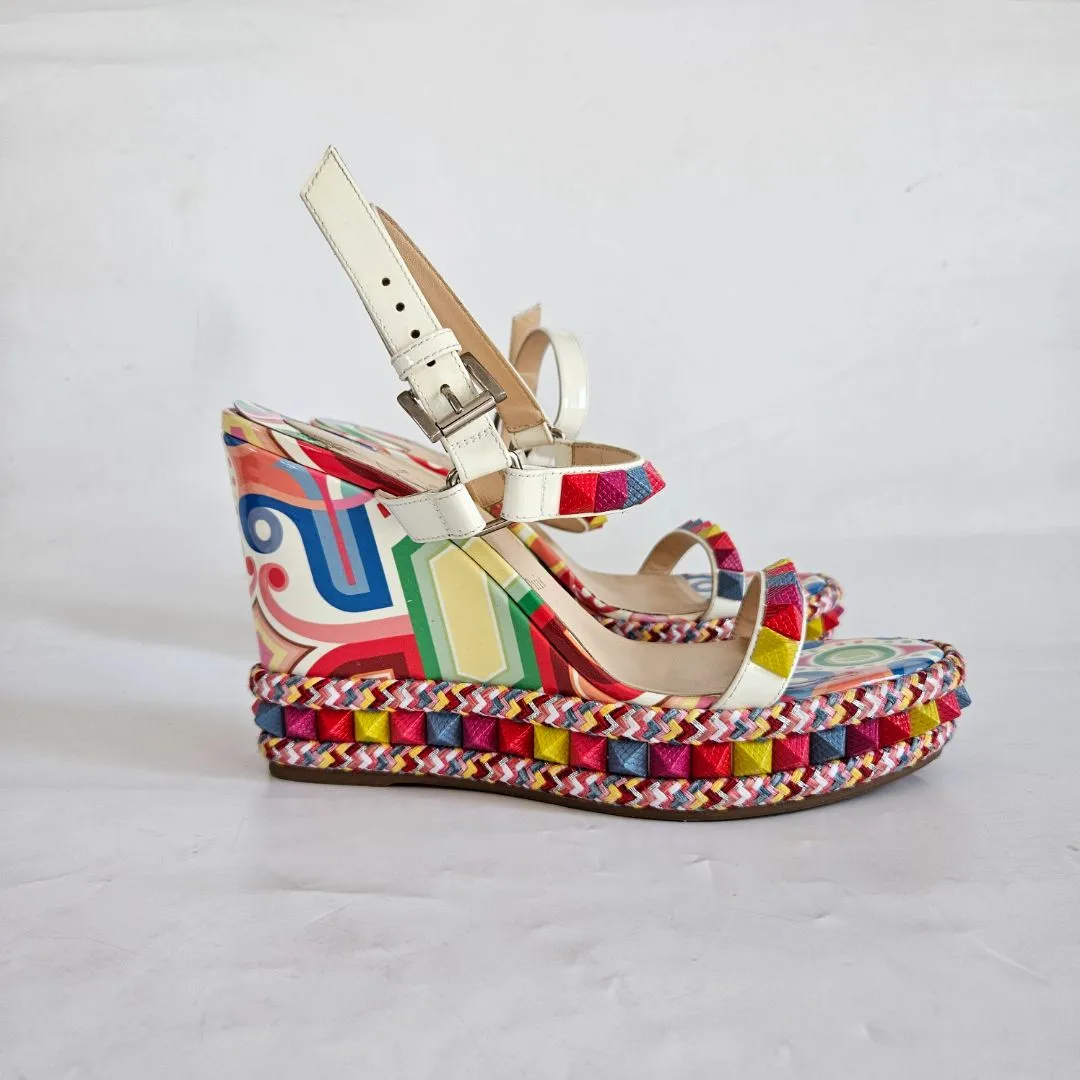 Christian Louboutin Printed Patent Wedge Sandals, 40