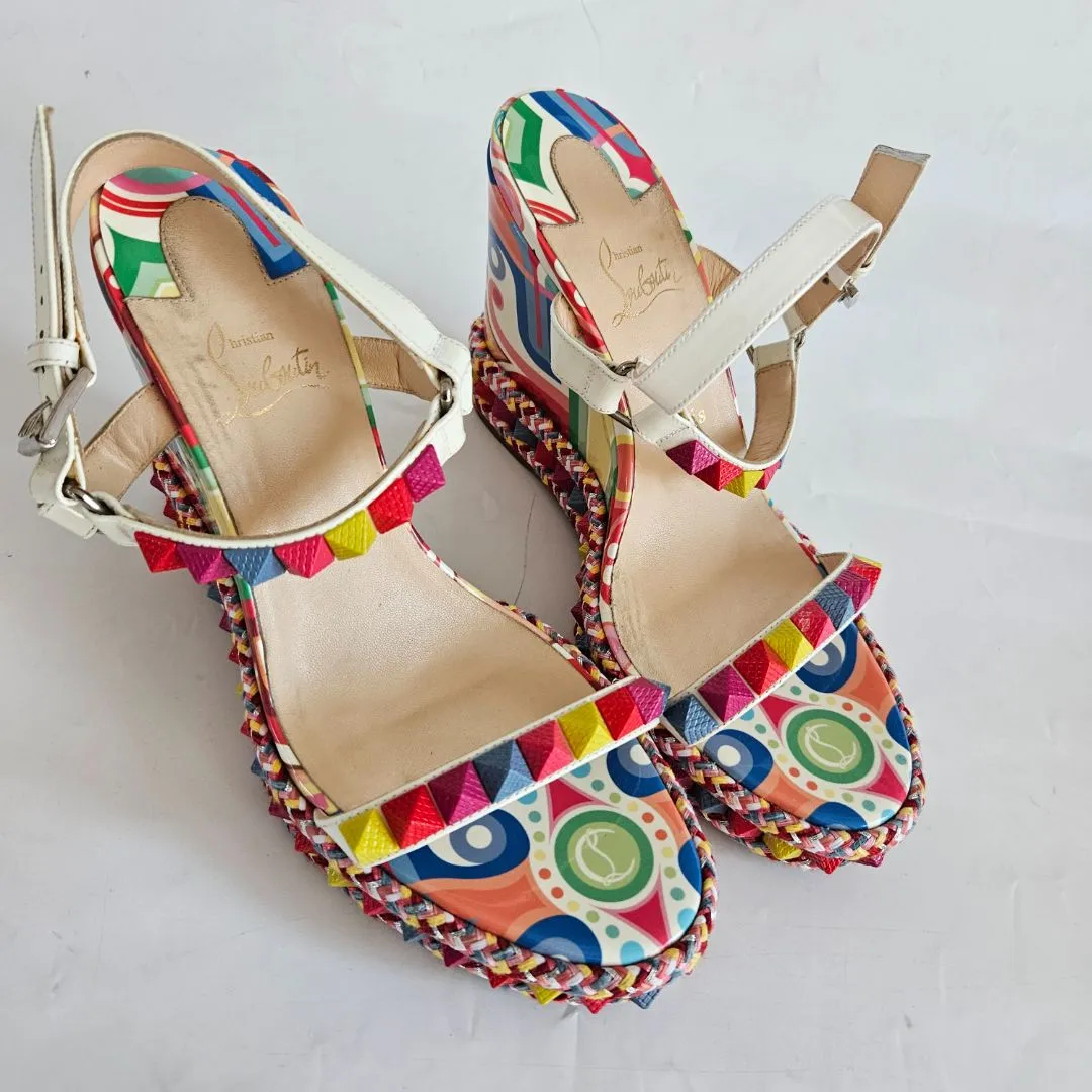 Christian Louboutin Printed Patent Wedge Sandals, 40