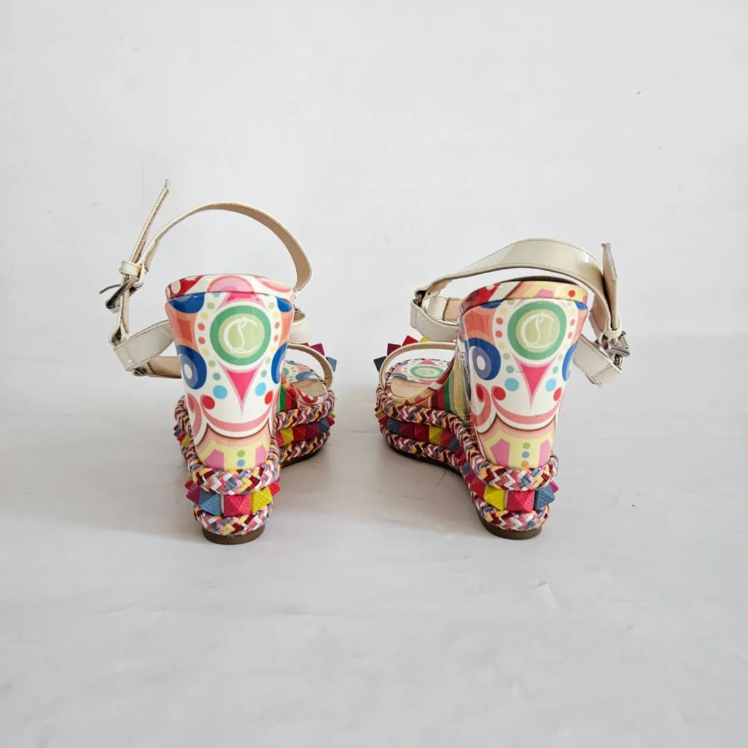 Christian Louboutin Printed Patent Wedge Sandals, 40