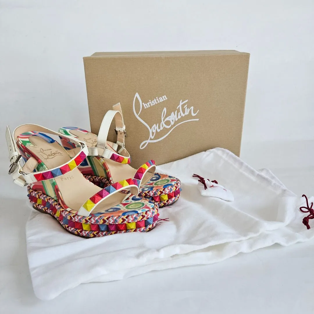 Christian Louboutin Printed Patent Wedge Sandals, 40