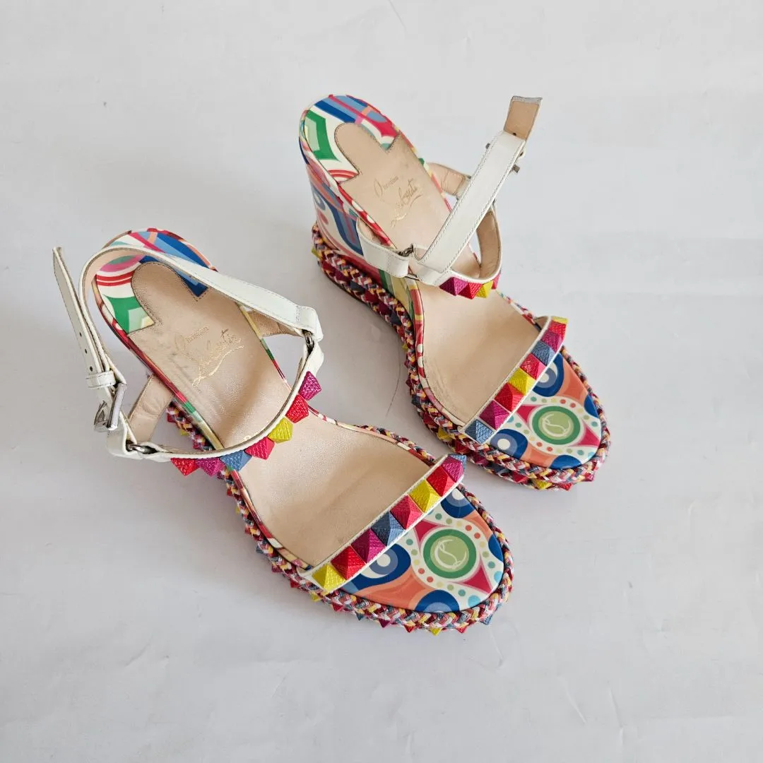 Christian Louboutin Printed Patent Wedge Sandals, 40