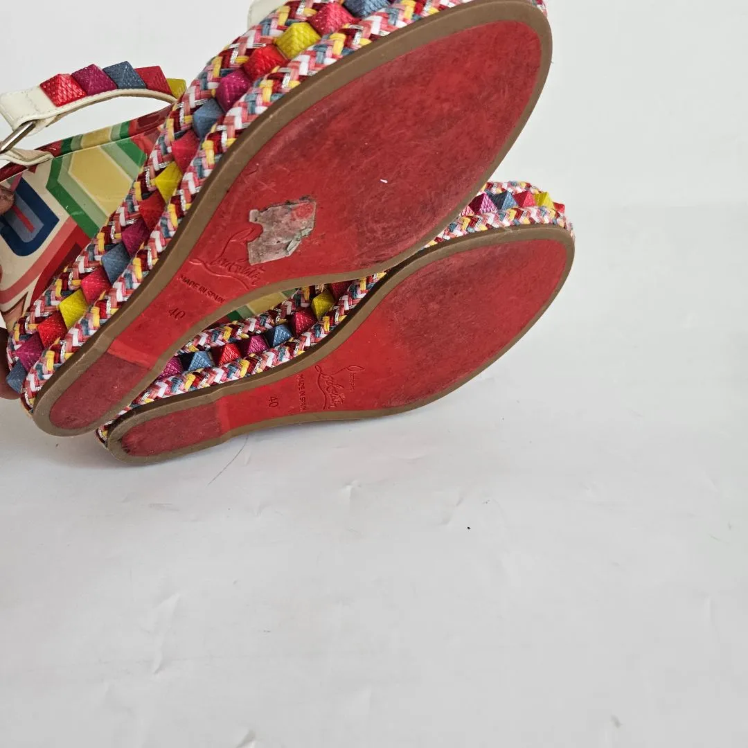Christian Louboutin Printed Patent Wedge Sandals, 40
