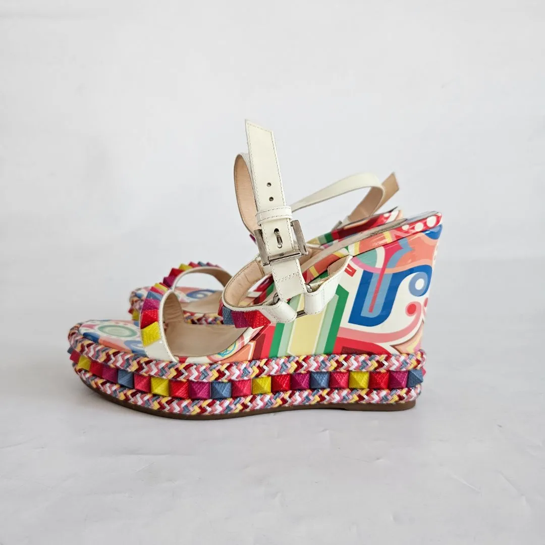 Christian Louboutin Printed Patent Wedge Sandals, 40
