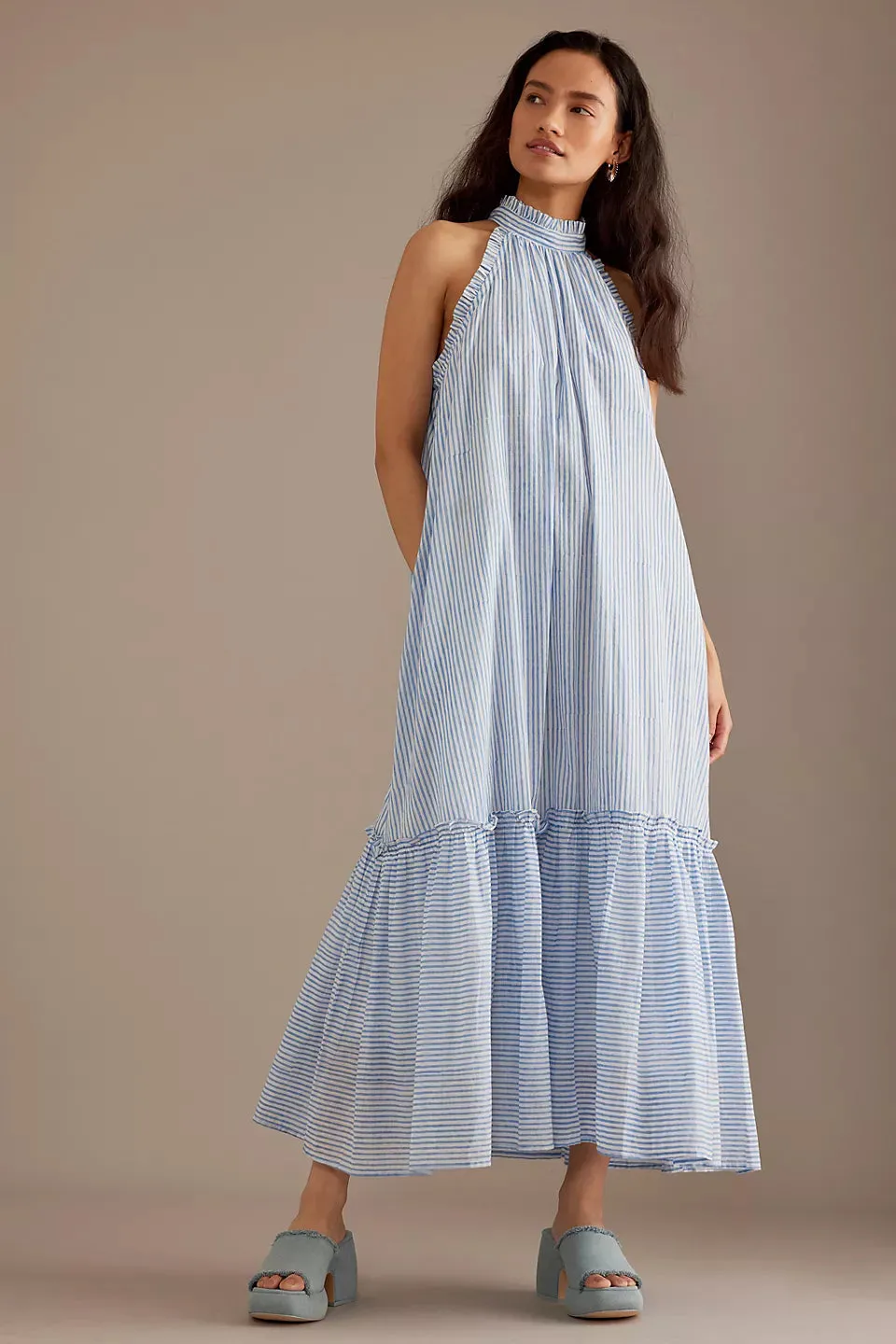 Claudia stripe halter-neck sundress in cornflower