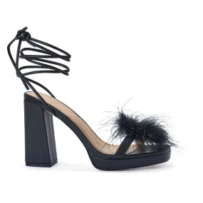 COSMIC2/B BLOCK HEEL PLATFORM FAUX FEATHER WRAP AROUND SANDAL