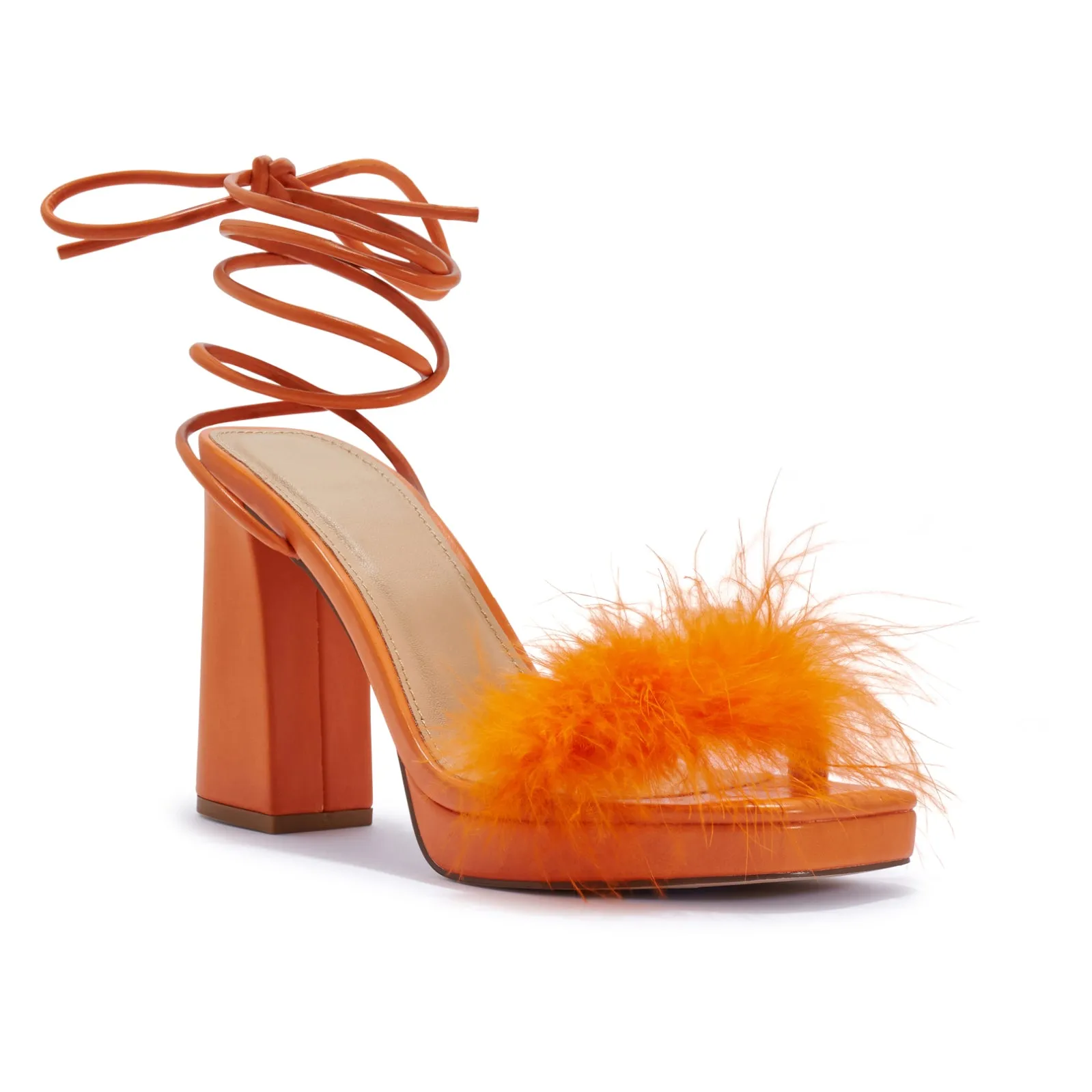 COSMIC2/B BLOCK HEEL PLATFORM FAUX FEATHER WRAP AROUND SANDAL
