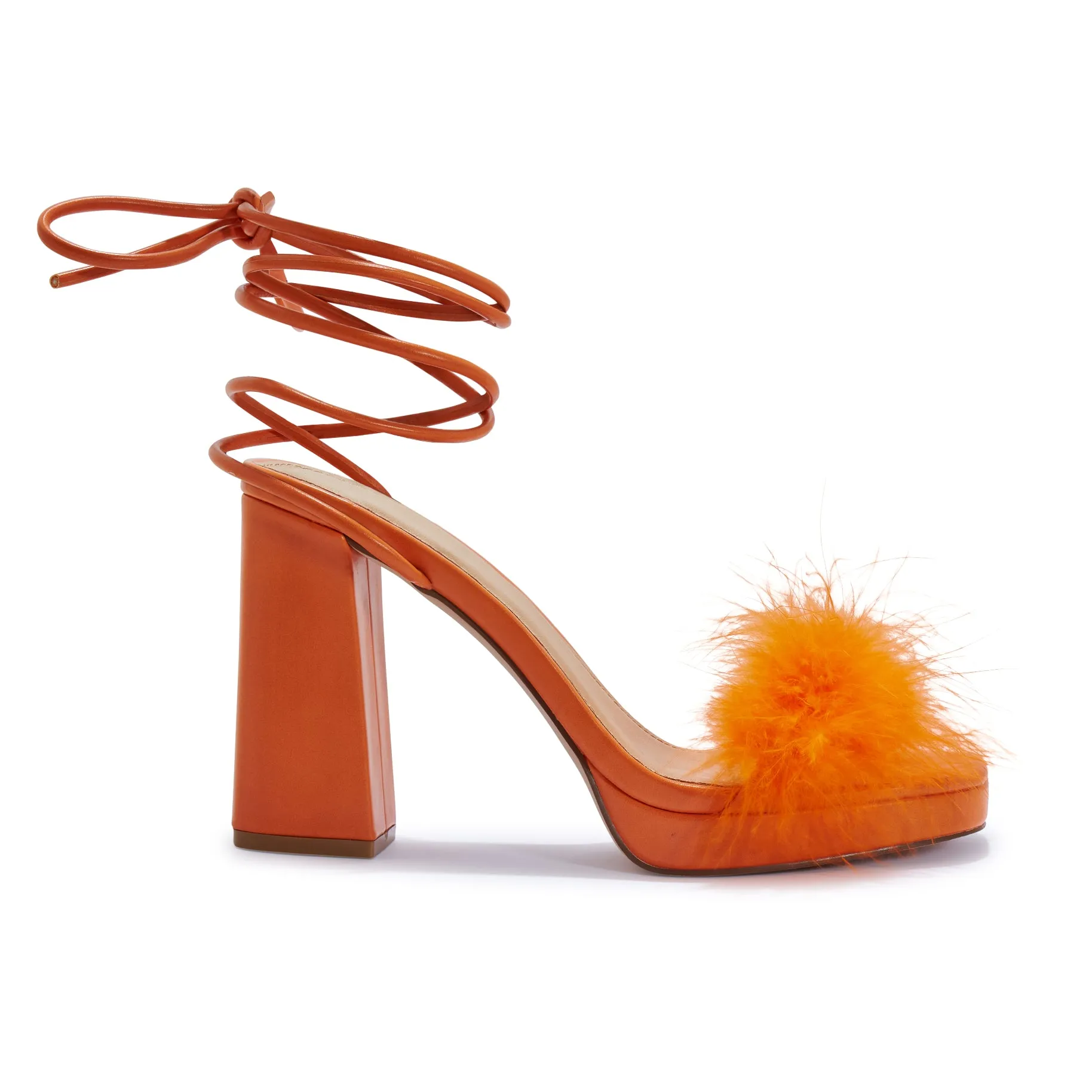 COSMIC2/B BLOCK HEEL PLATFORM FAUX FEATHER WRAP AROUND SANDAL