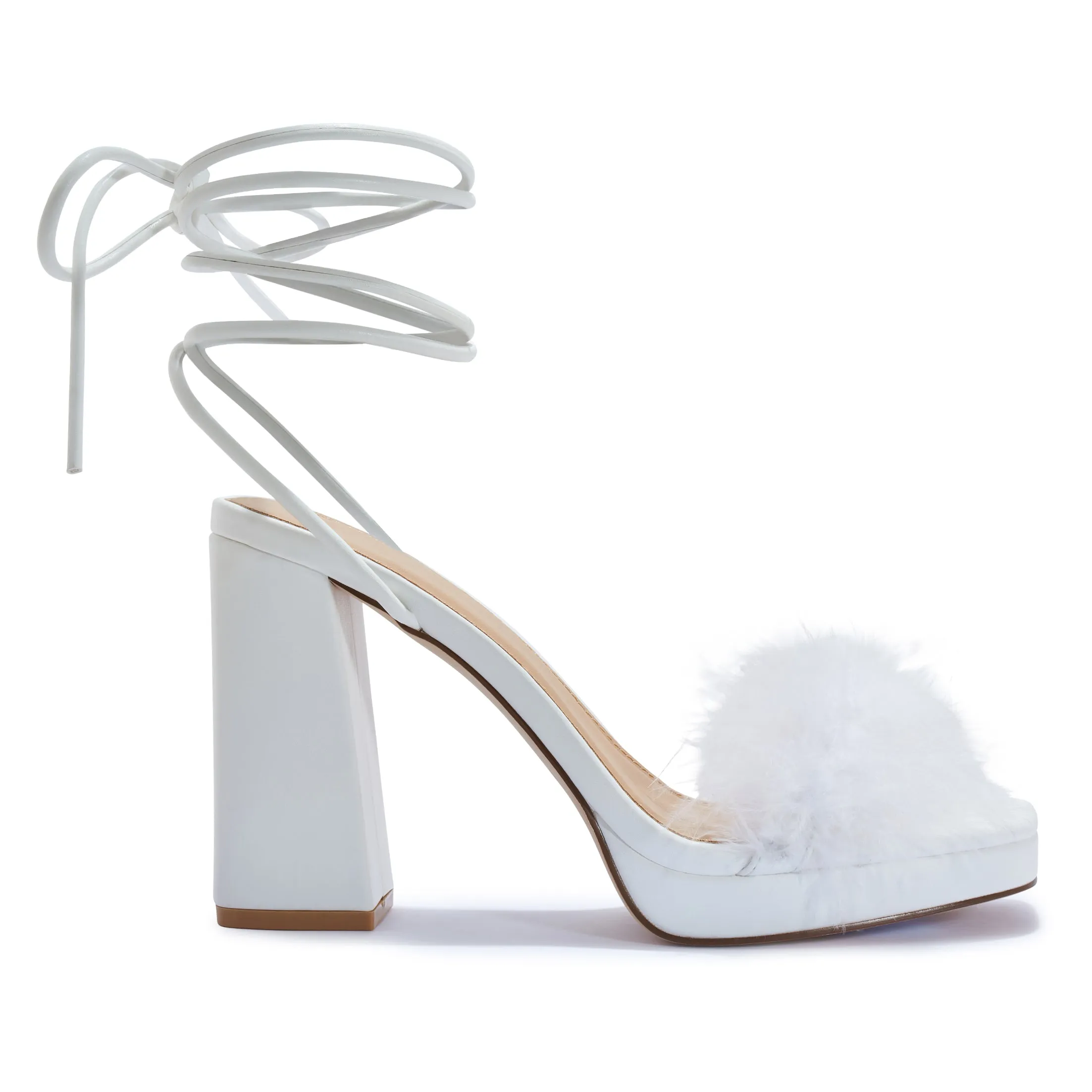 COSMIC2/B BLOCK HEEL PLATFORM FAUX FEATHER WRAP AROUND SANDAL