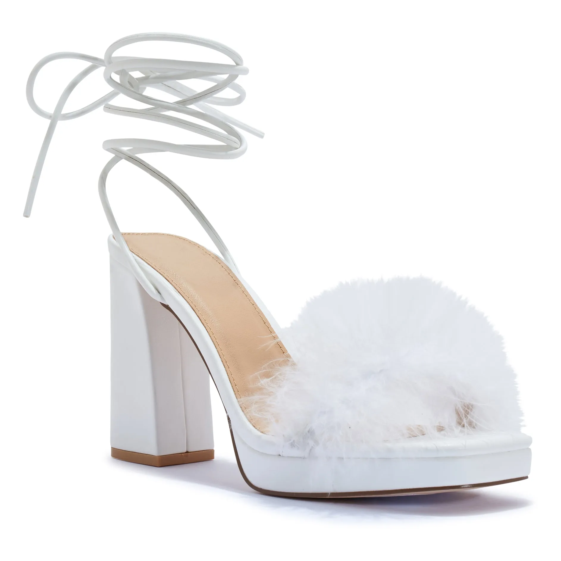 COSMIC2/B BLOCK HEEL PLATFORM FAUX FEATHER WRAP AROUND SANDAL