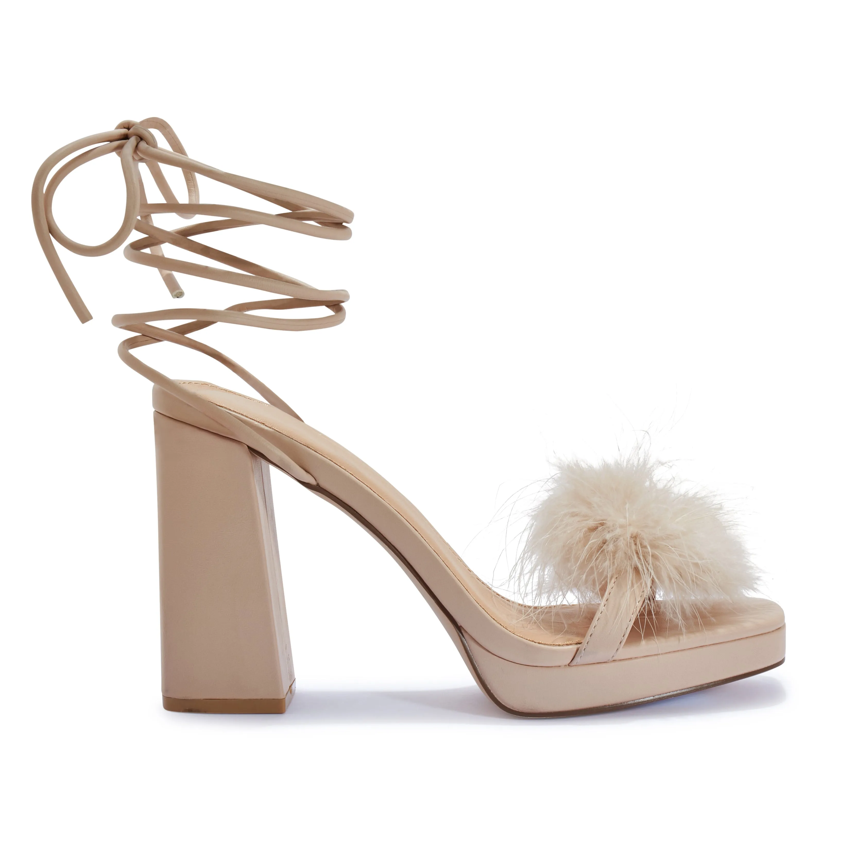 COSMIC2/B BLOCK HEEL PLATFORM FAUX FEATHER WRAP AROUND SANDAL