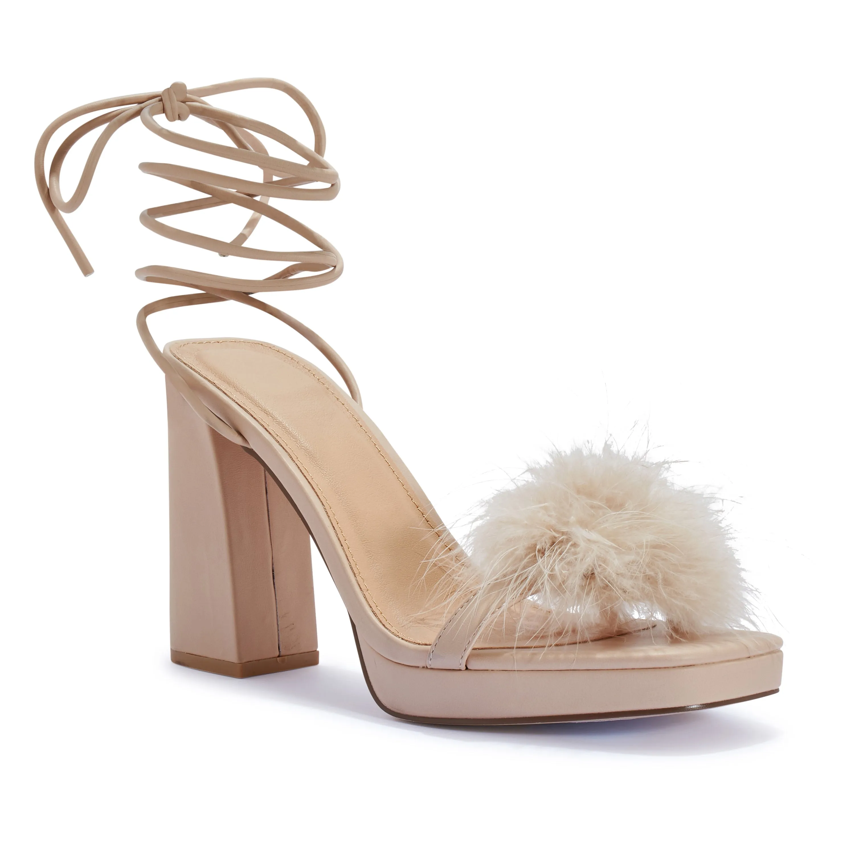 COSMIC2/B BLOCK HEEL PLATFORM FAUX FEATHER WRAP AROUND SANDAL