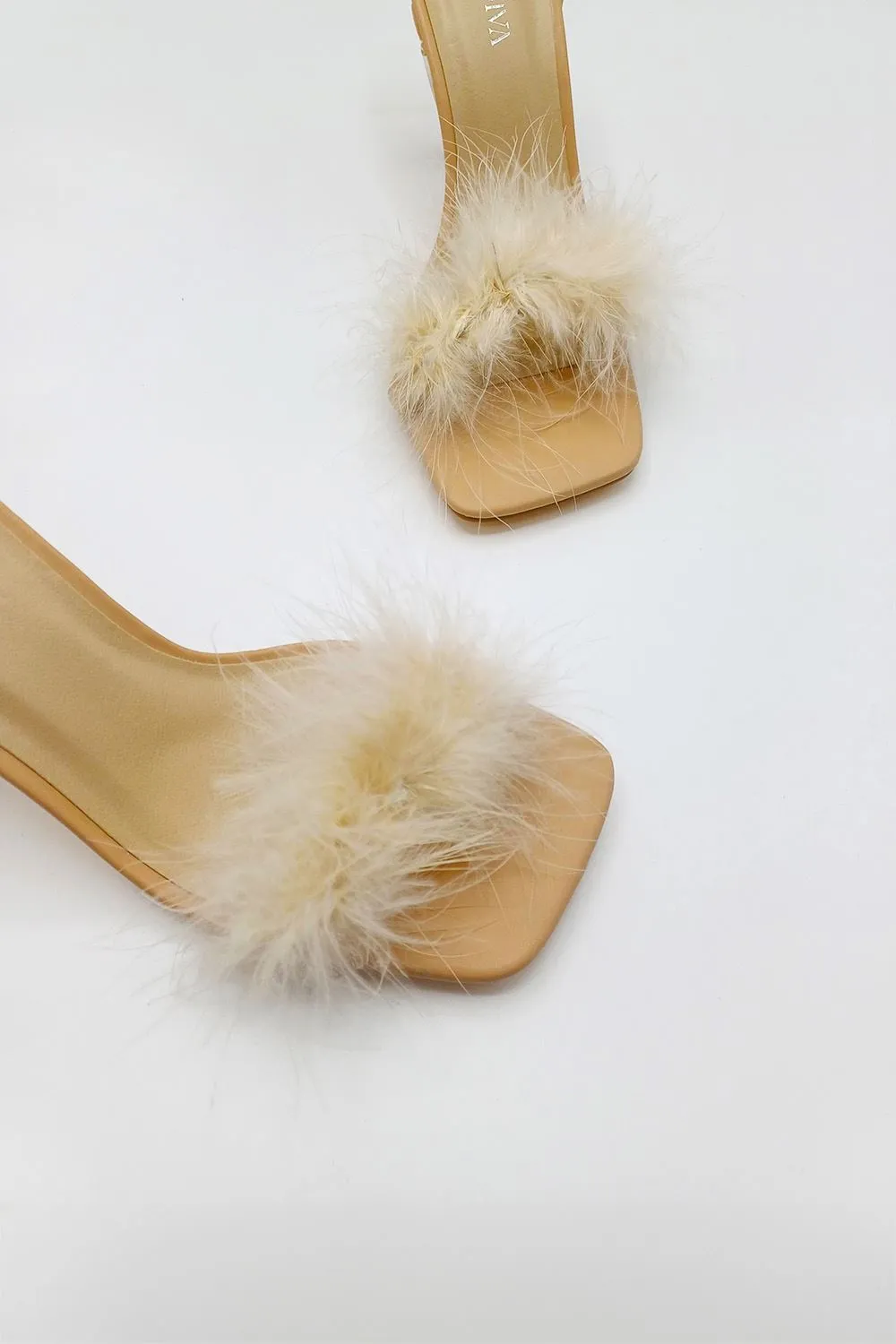 Delilah Feather Band Lace Up Heels in Nude