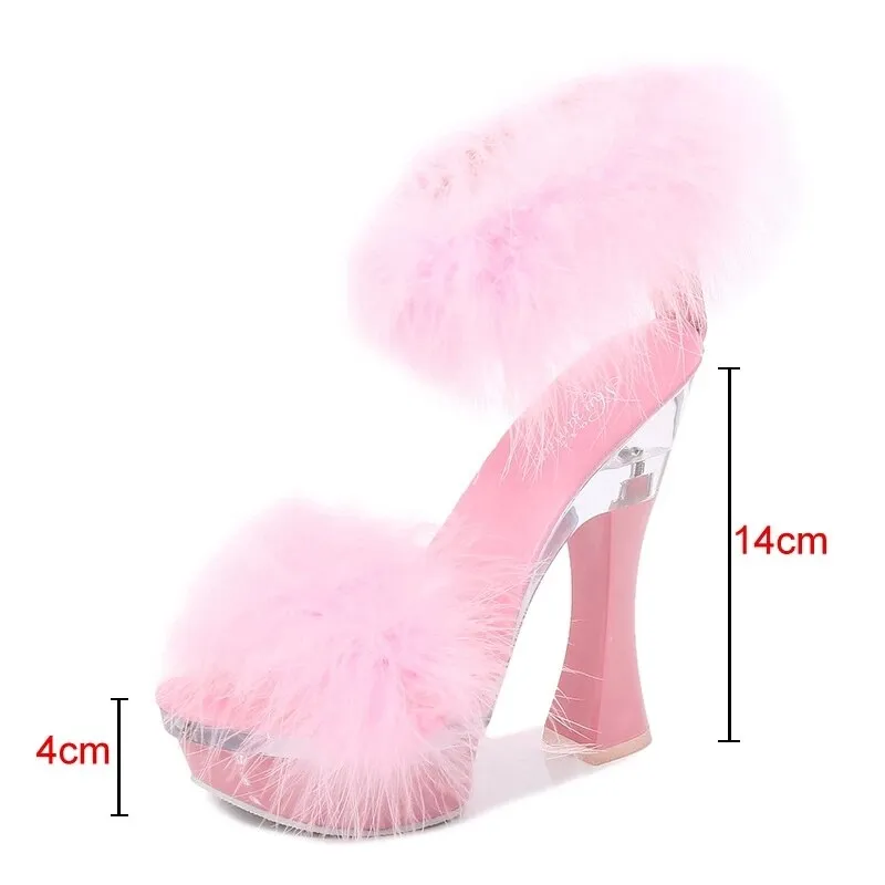 Feather Thick High Heels Platform Sandals