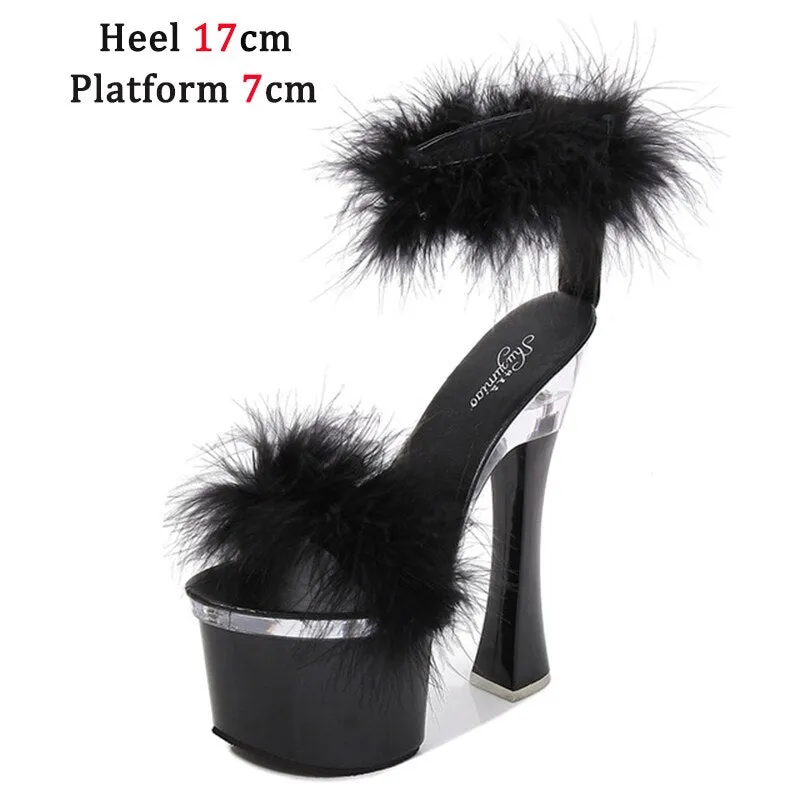 Feather Thick High Heels Platform Sandals