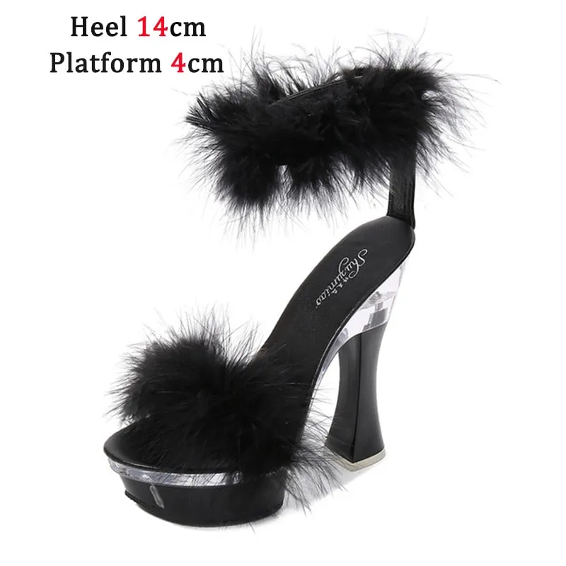 Feather Thick High Heels Platform Sandals