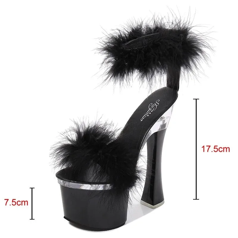 Feather Thick High Heels Platform Sandals