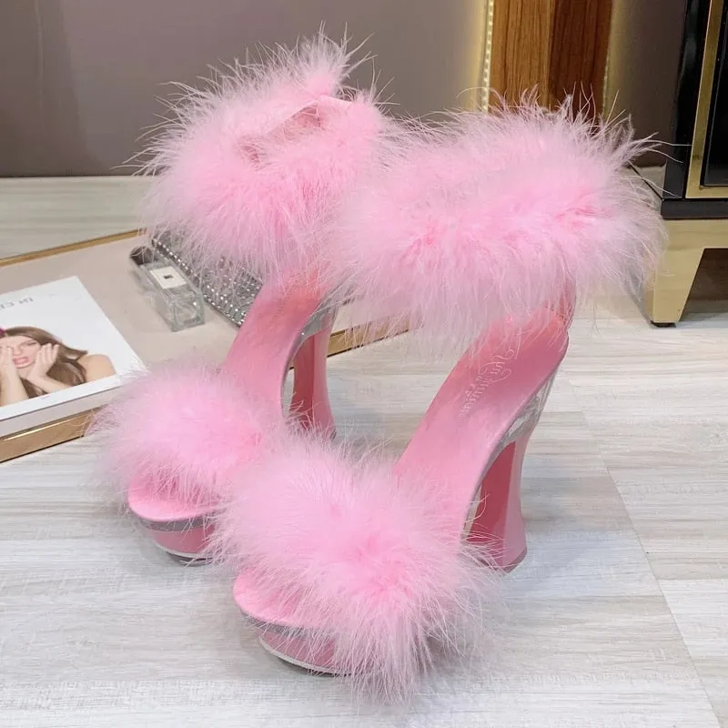 Feather Thick High Heels Platform Sandals
