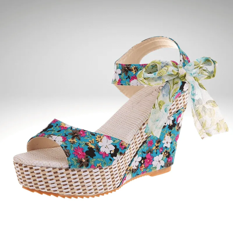 Floral Wedge Ribbon Tie Sandal
