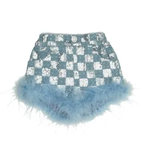 LOULOU SEQUIN CHECKERED FEATHER DENIM SHORTS