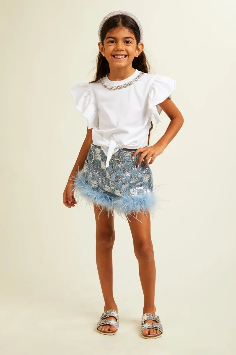 LOULOU SEQUIN CHECKERED FEATHER DENIM SHORTS