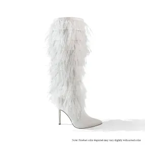 SCANDALOUS-3 THIGH HIGH BOOTS W/ OSTRICH FEATHER - WHITE
