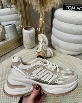 Soraya Chunky Lace Up Metallic Style Trainer - Beige