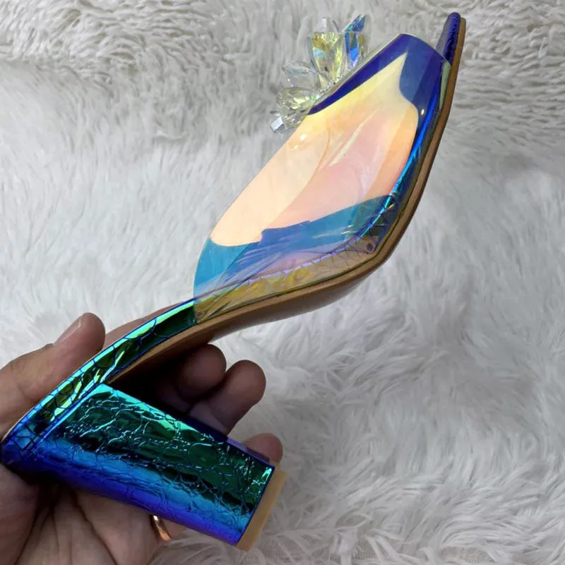 Stylish Transparent Hologram Platform Heels Cinderella Crystal Shoes Wedding Bridal Pumps