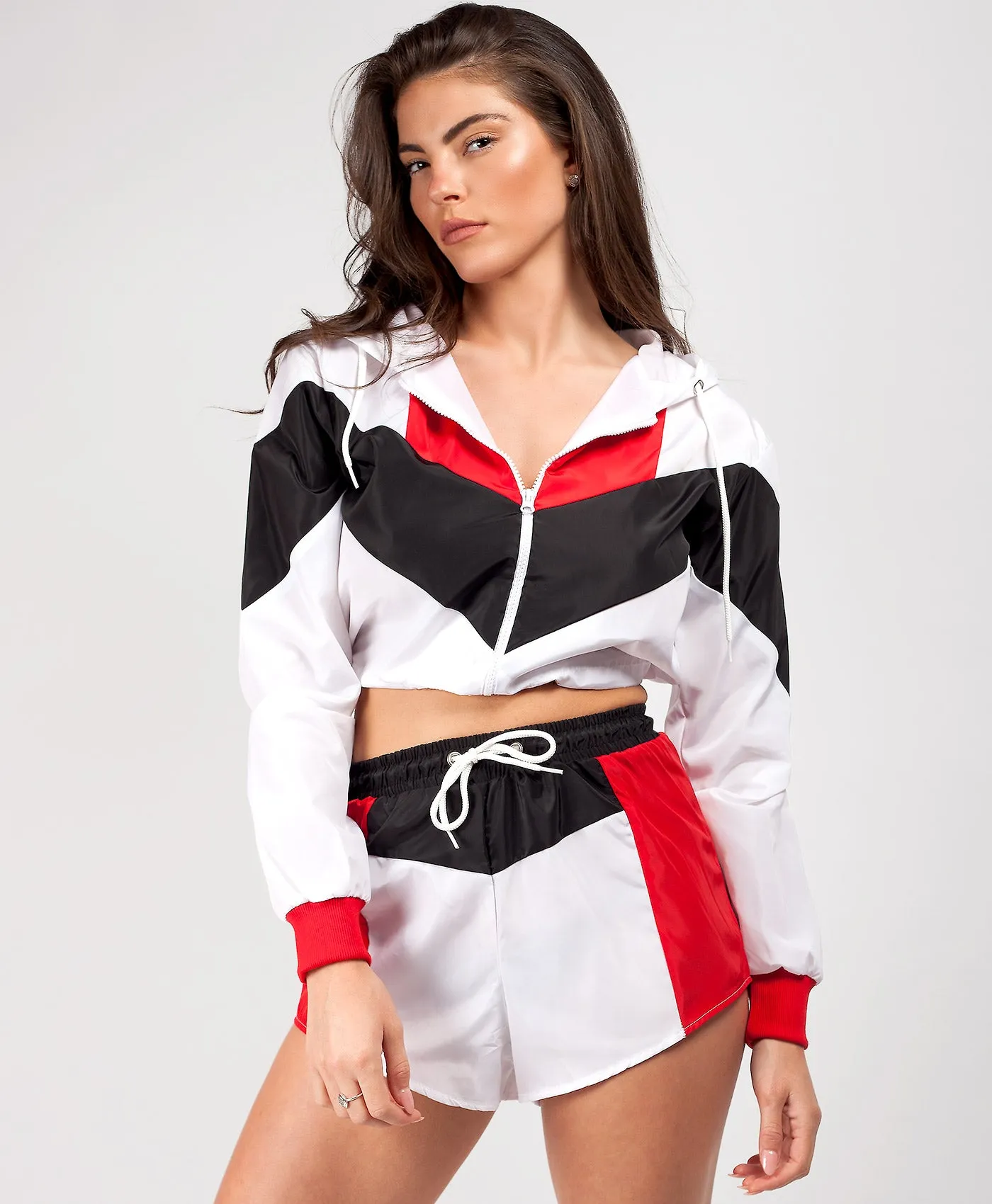 White Red Colour Block Jacket & Shorts Festival Co Ord