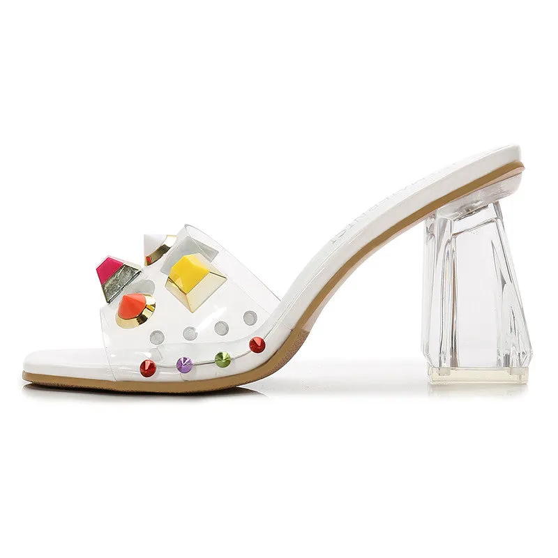 Womens Summer Slip-on Crystal High Heeled Sandals Slippers