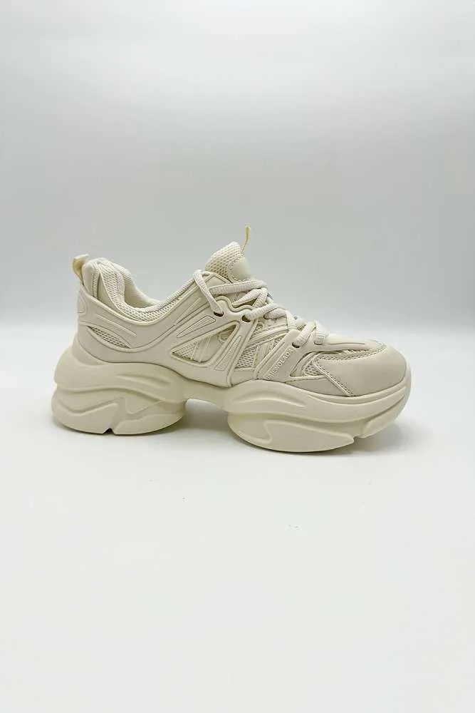 Zola Chunky Lace Up Trainers in Beige