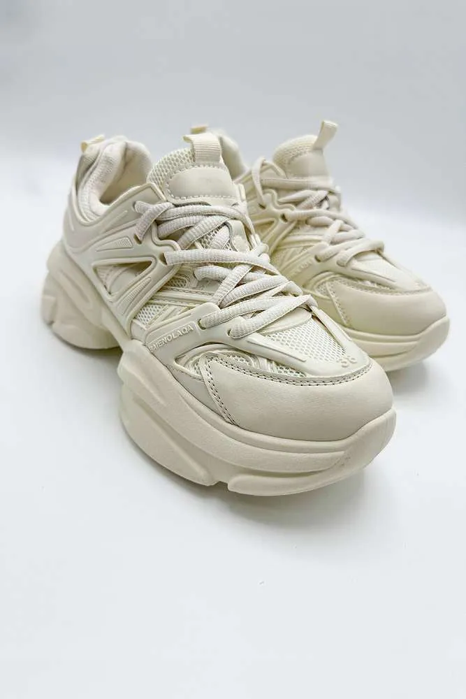Zola Chunky Lace Up Trainers in Beige